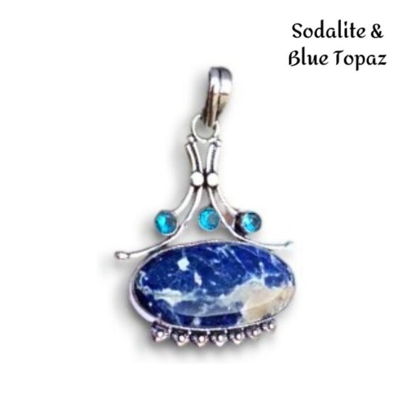 Sodalite Gemstone Blue Topaz Solitaires Handcrafted Metal Work Sterling Necklace - Picture 2 of 4